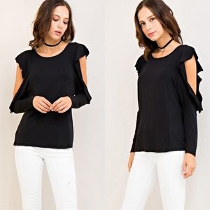 Open Shoulder Ruffle Sleeve Black Top